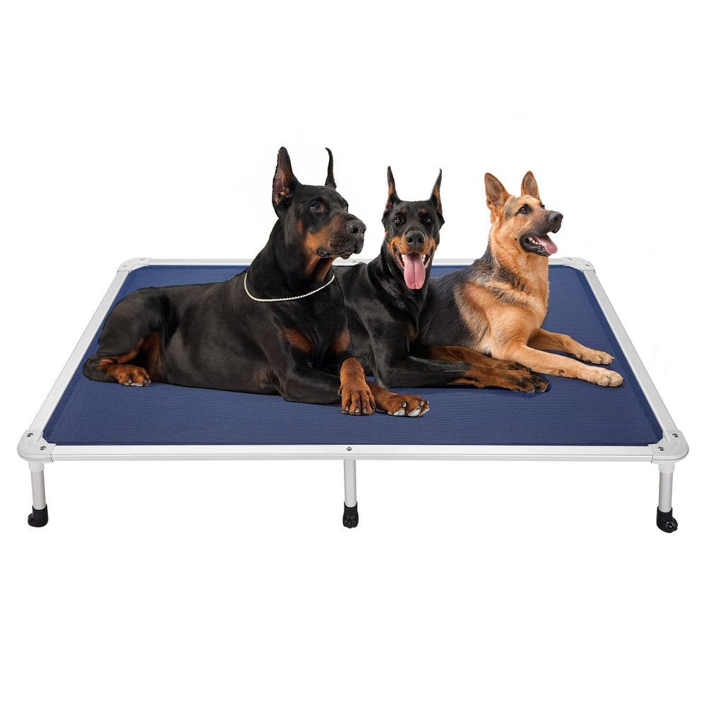 Veehoo chew-proof elevated bed with a silver aluminum frame for durable outdoor use.