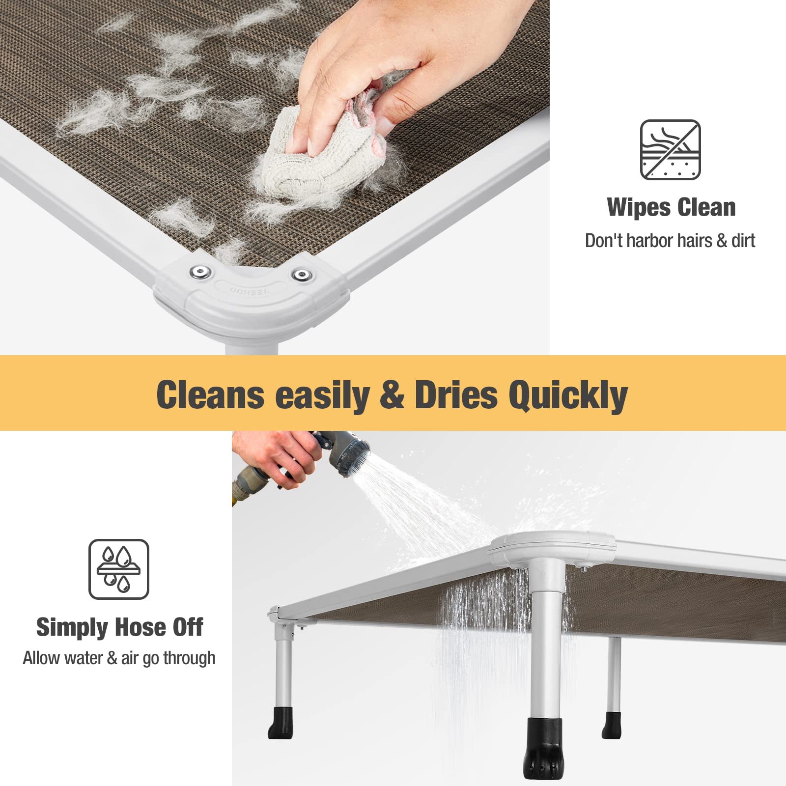 Veehoo chew-proof elevated dog bed easy-cleaning surface resists dirt and pet hair buildup.
