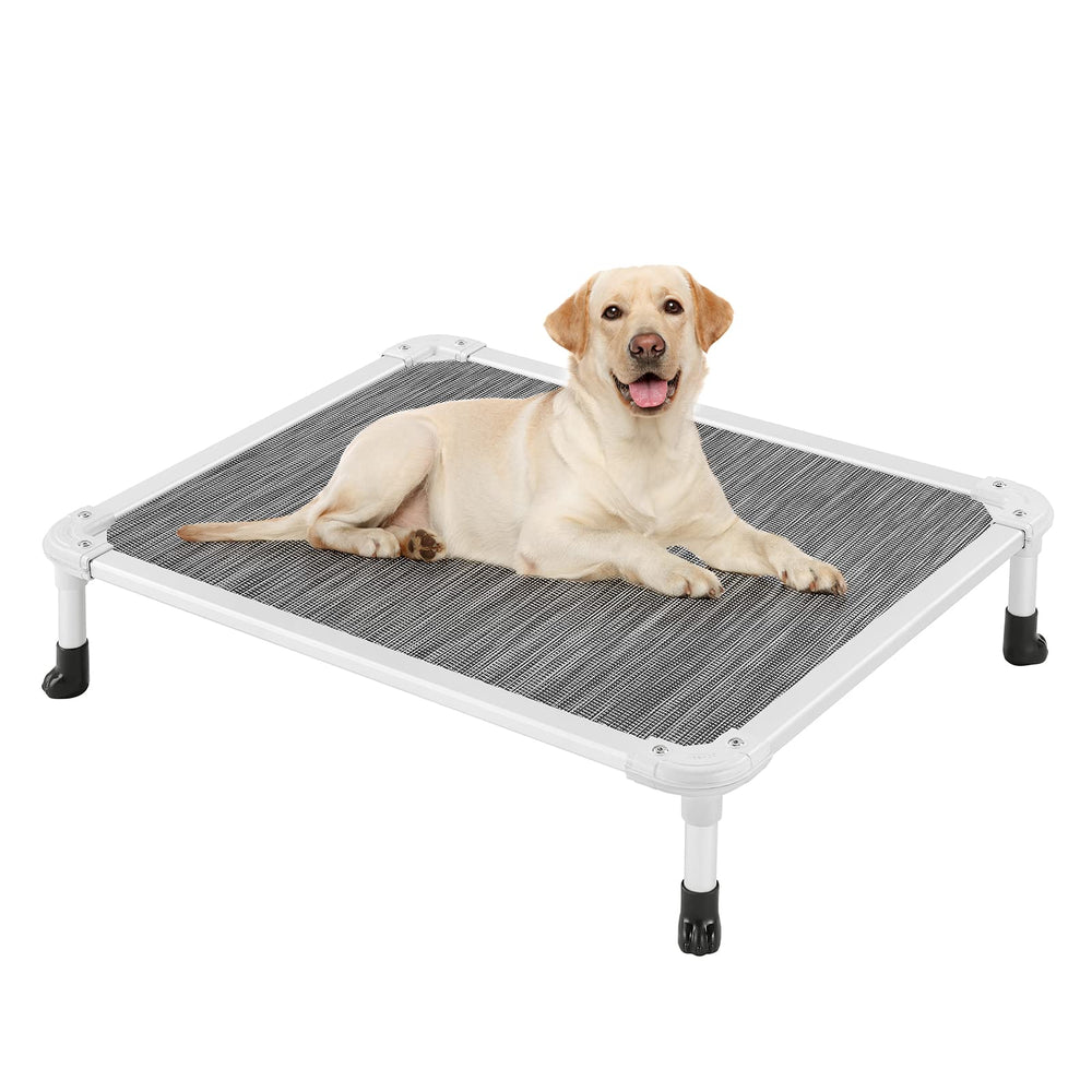 Veehoo chew-proof elevated bed frame shows rustless aluminum for durable indoor or outdoor use.