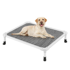 Veehoo chew-proof elevated bed frame shows rustless aluminum for durable indoor or outdoor use.