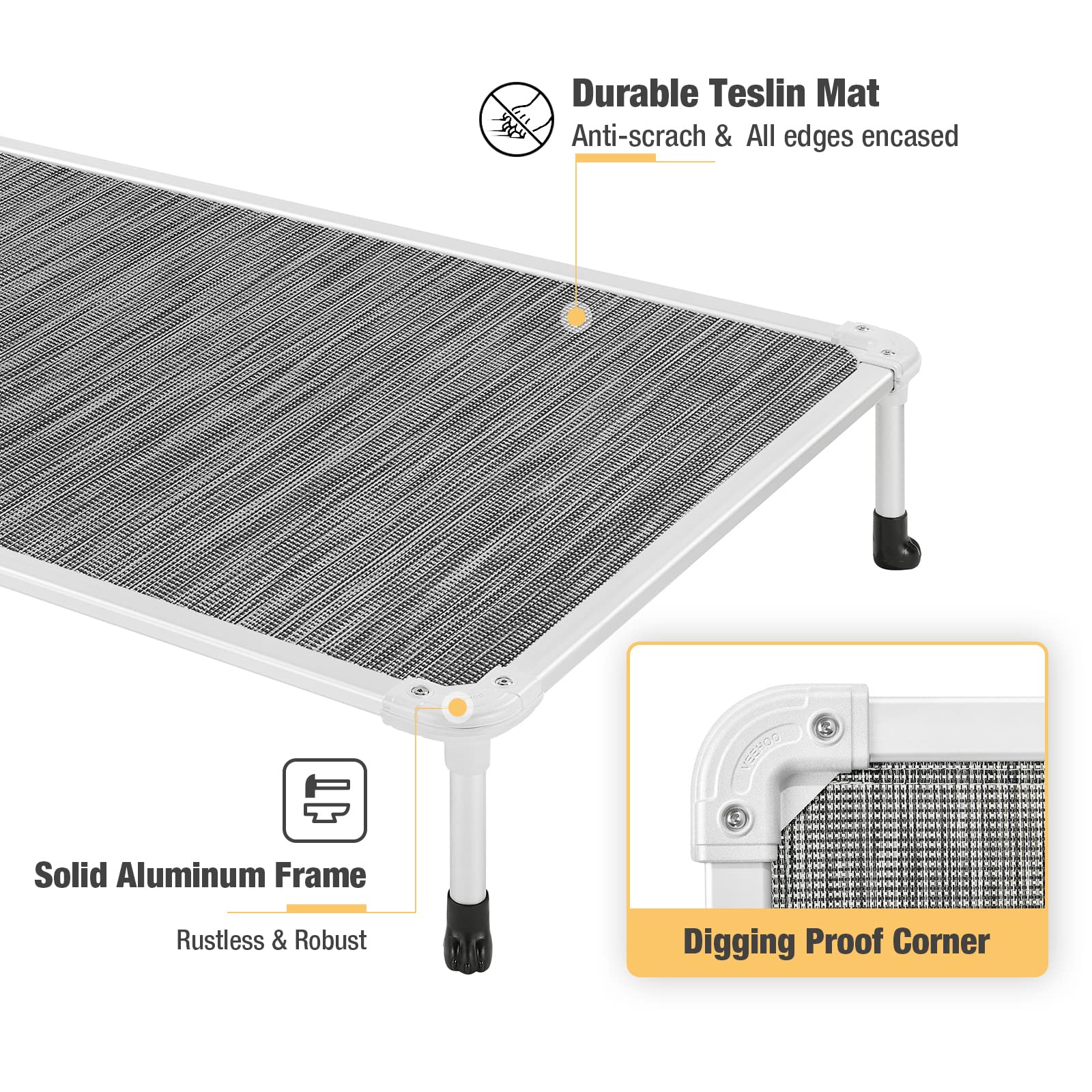 Veehoo chew-proof elevated bed for indoor and outdoor use across spaces.