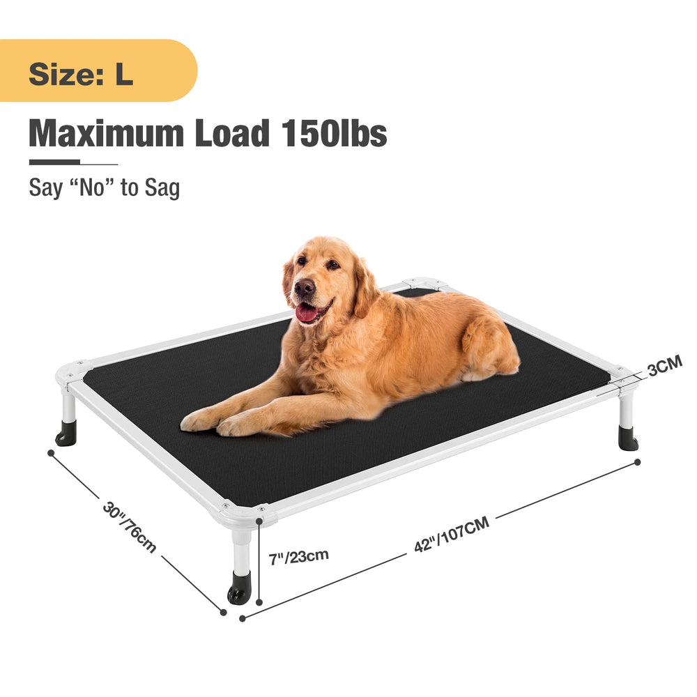 Veehoo elevated bed mesh panel highlights breathable Textilene fabric for cooler naps.