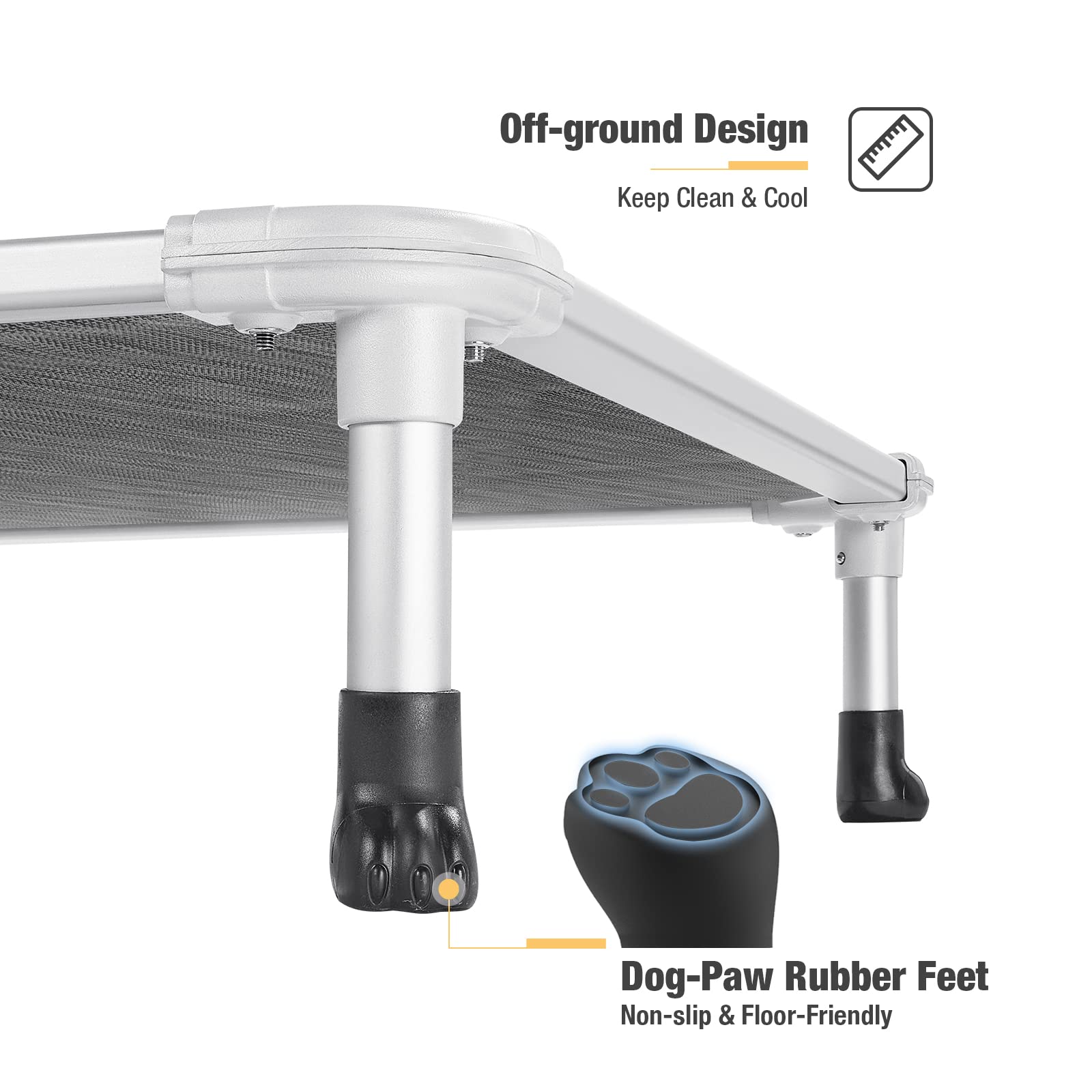 Veehoo chew-proof elevated bed features no-slip feet for secure placement.