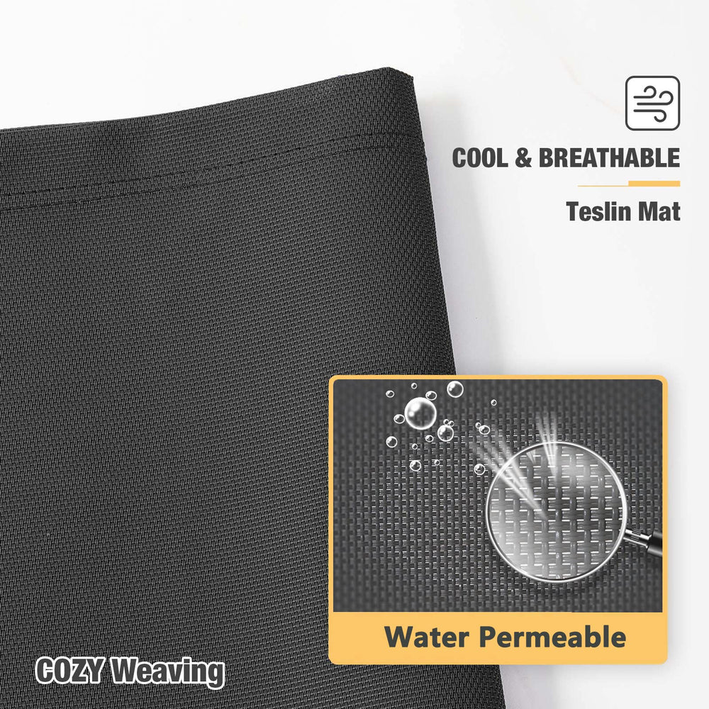 Veehoo outdoor-ready bed shown on patio for camping or picnics.