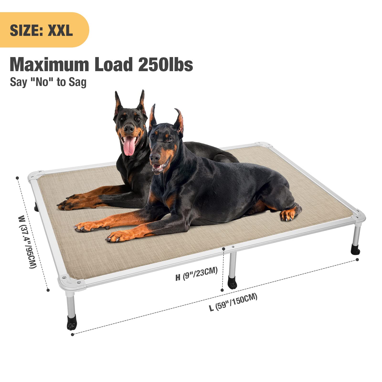 Veehoo elevated dog bed side view showing frame and mesh