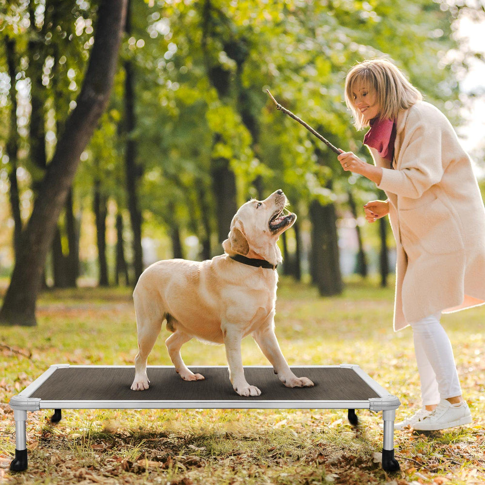 Veehoo chew-proof elevated dog bed textilene mesh provides breathable cooling for pets.