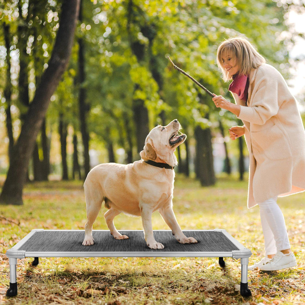 Veehoo chew-proof elevated dog bed with Textilene mesh offers cooling comfort.