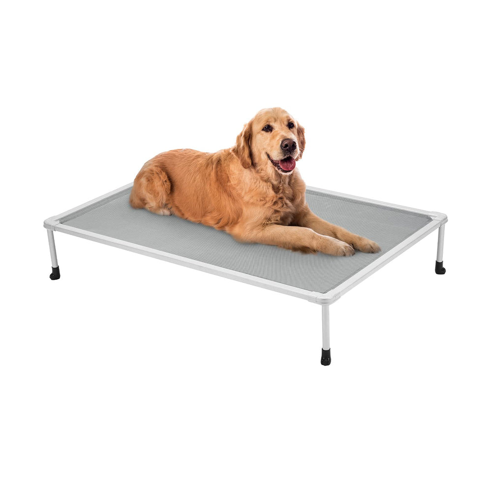 Veehoo chewproof elevated dog bed frame-angle shows sturdy silver frame supporting large dogs