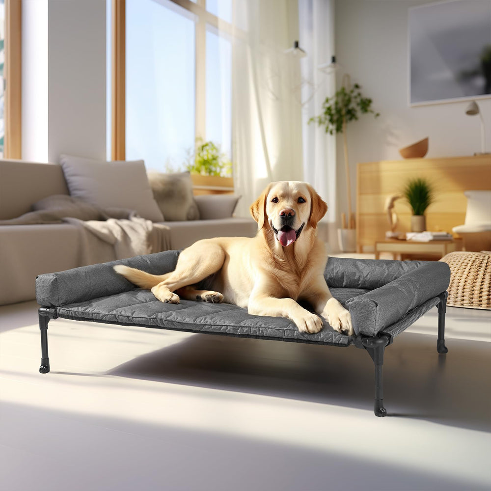 Veehoo cooling elevated dog bed frame offers sturdy support for indoor lounging and outdoor relief.