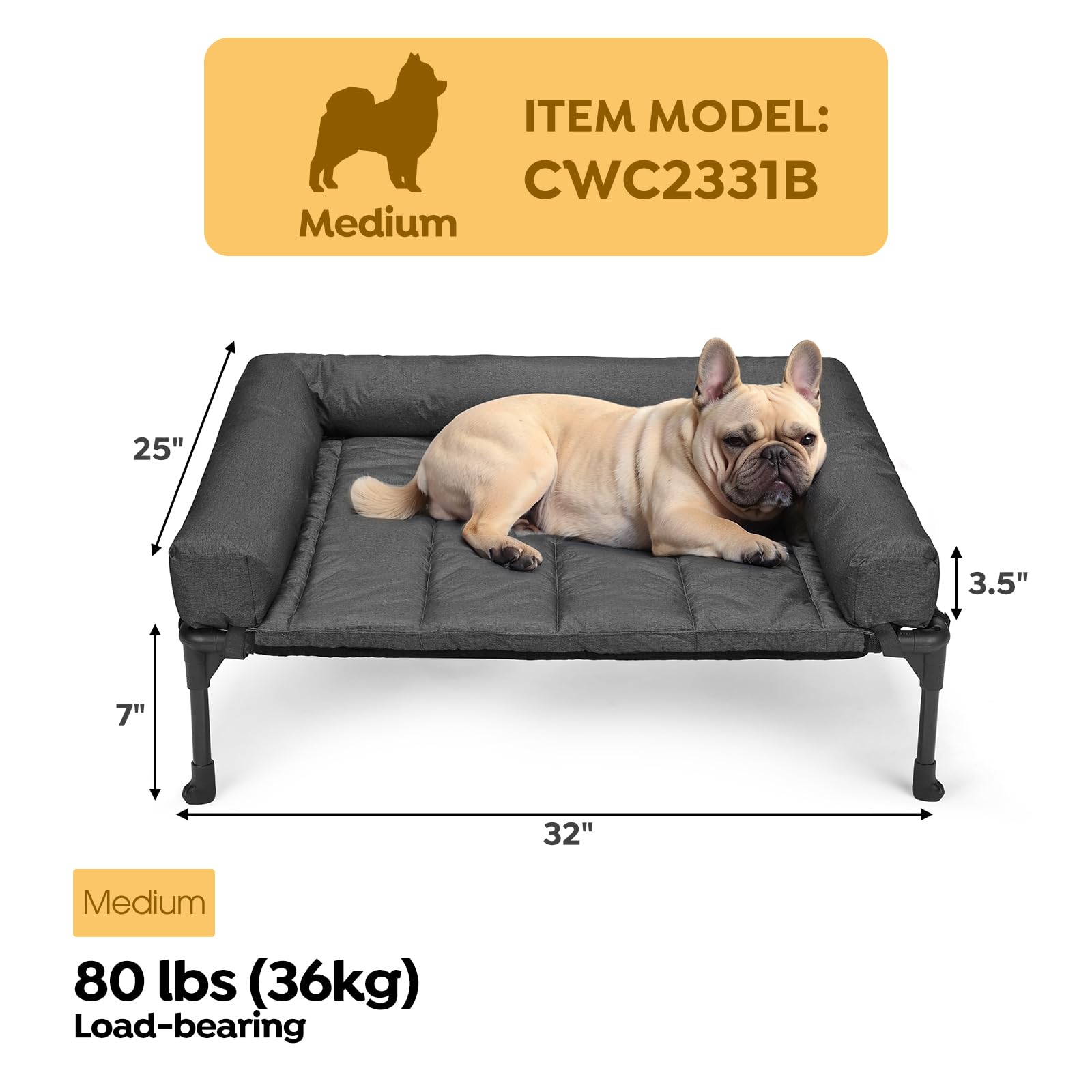 Veehoo elevated dog bed top view, bolster for neck support