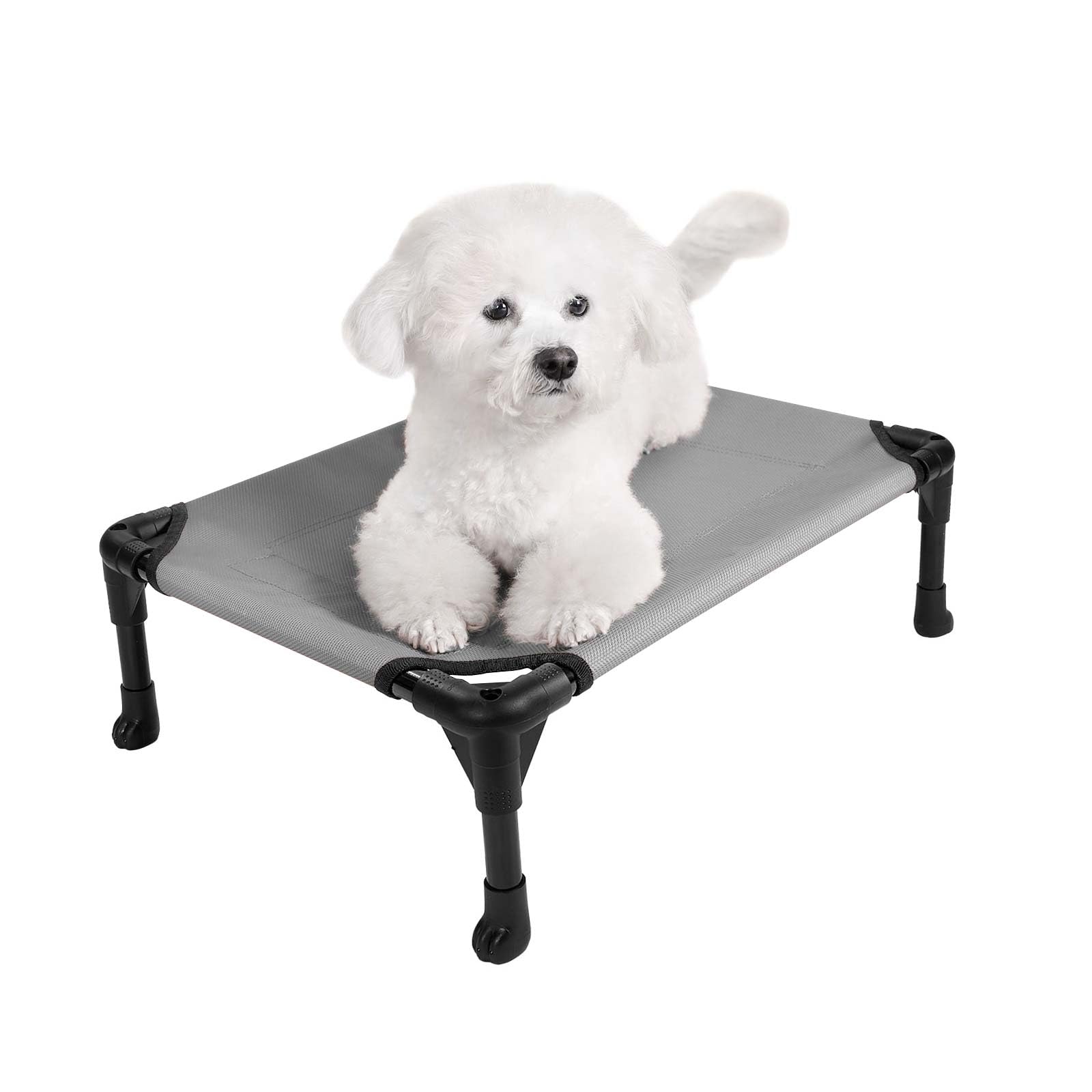Veehoo cooling elevated dog bed frame and mesh for indoor or outdoor lounging.