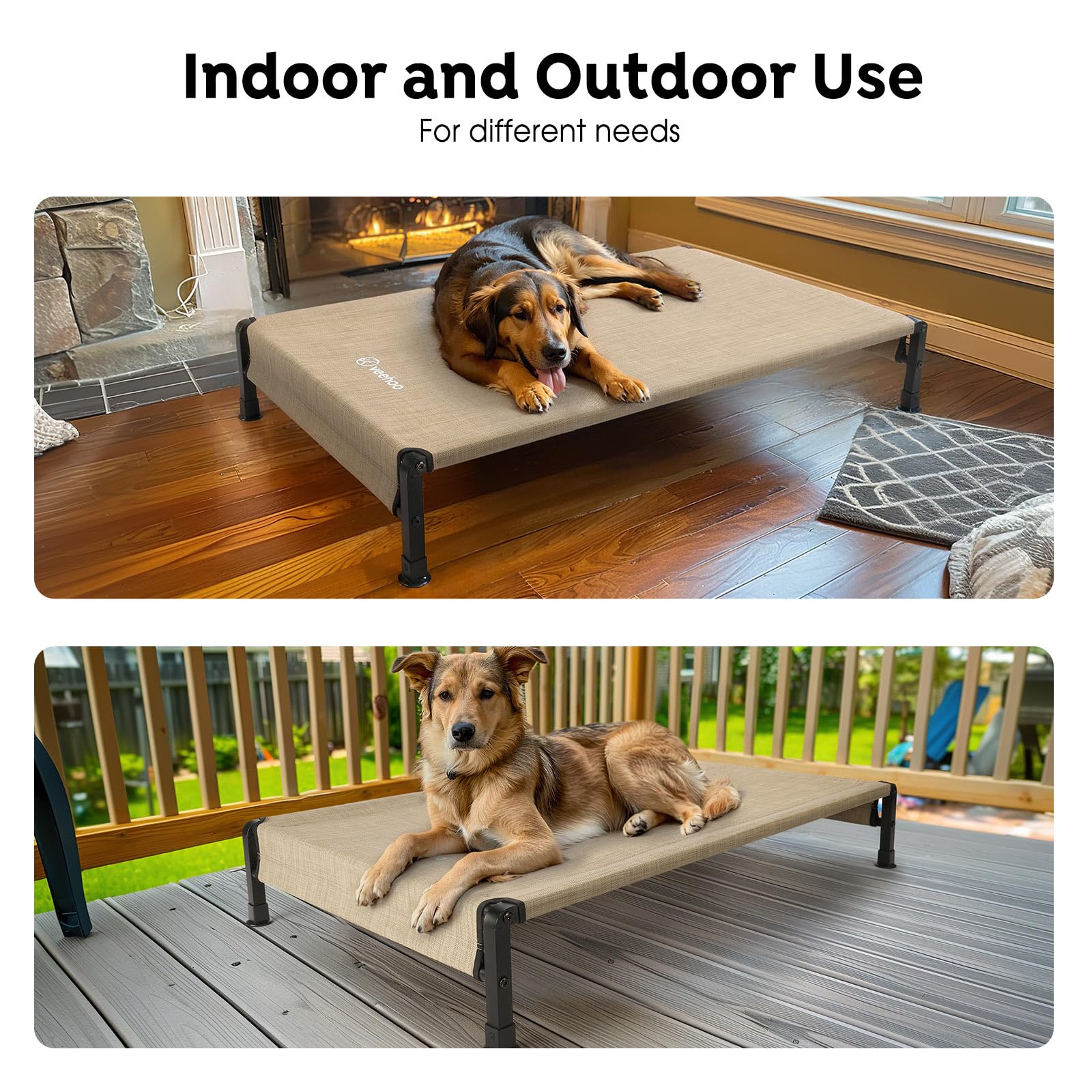 Veehoo cooling outdoor dog bed size label confirms 47 x 29 inches for large breeds
