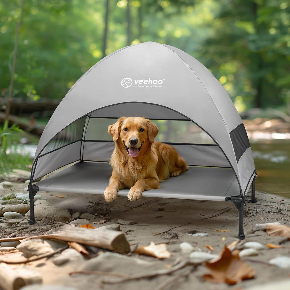 Veehoo camping and beach use shows versatile pet bed for outdoors.