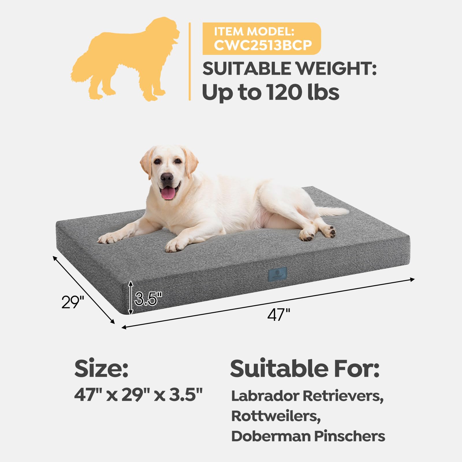 Veehoo bed fits standard 47x29x3.5 crate for large dogs up to 120 lbs.