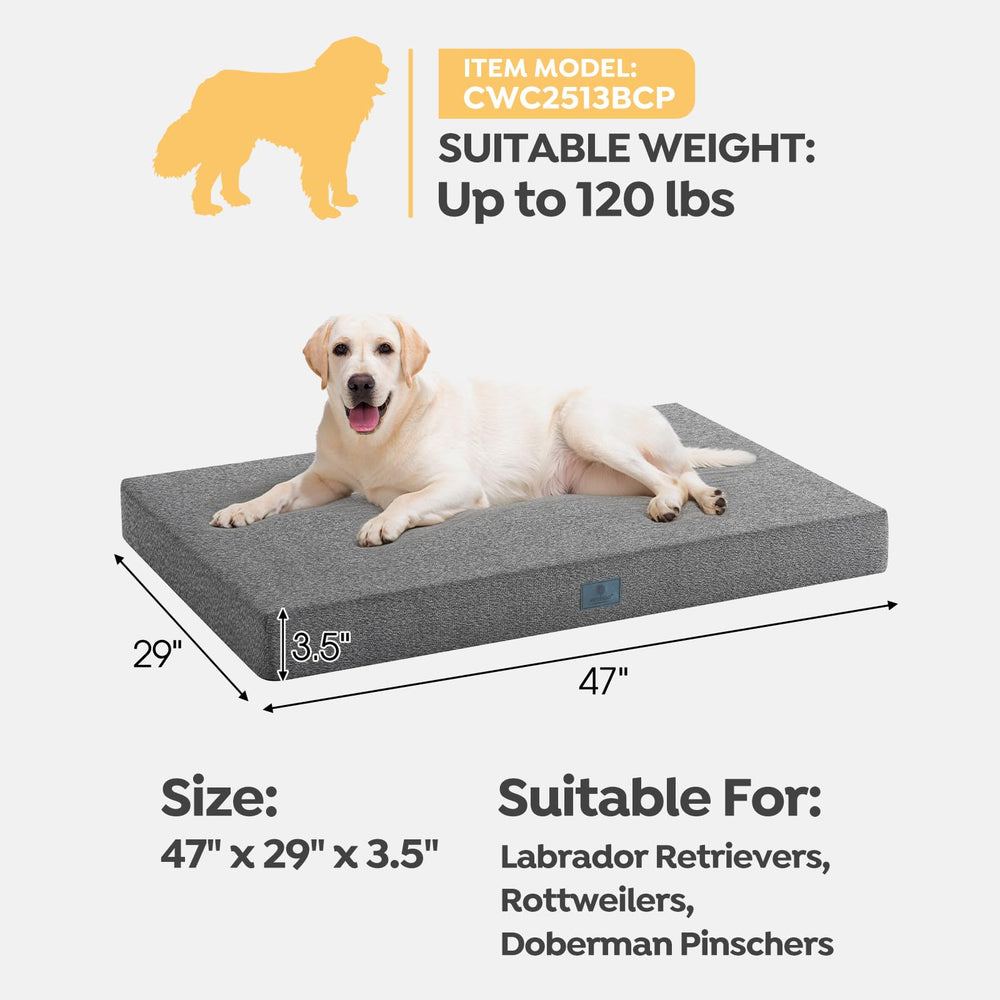 Veehoo bed fits standard 47x29x3.5 crate for large dogs up to 120 lbs.