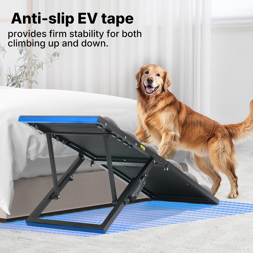 Veehoo dog ramp folded storage shown under sofa for clutter-free living spaces