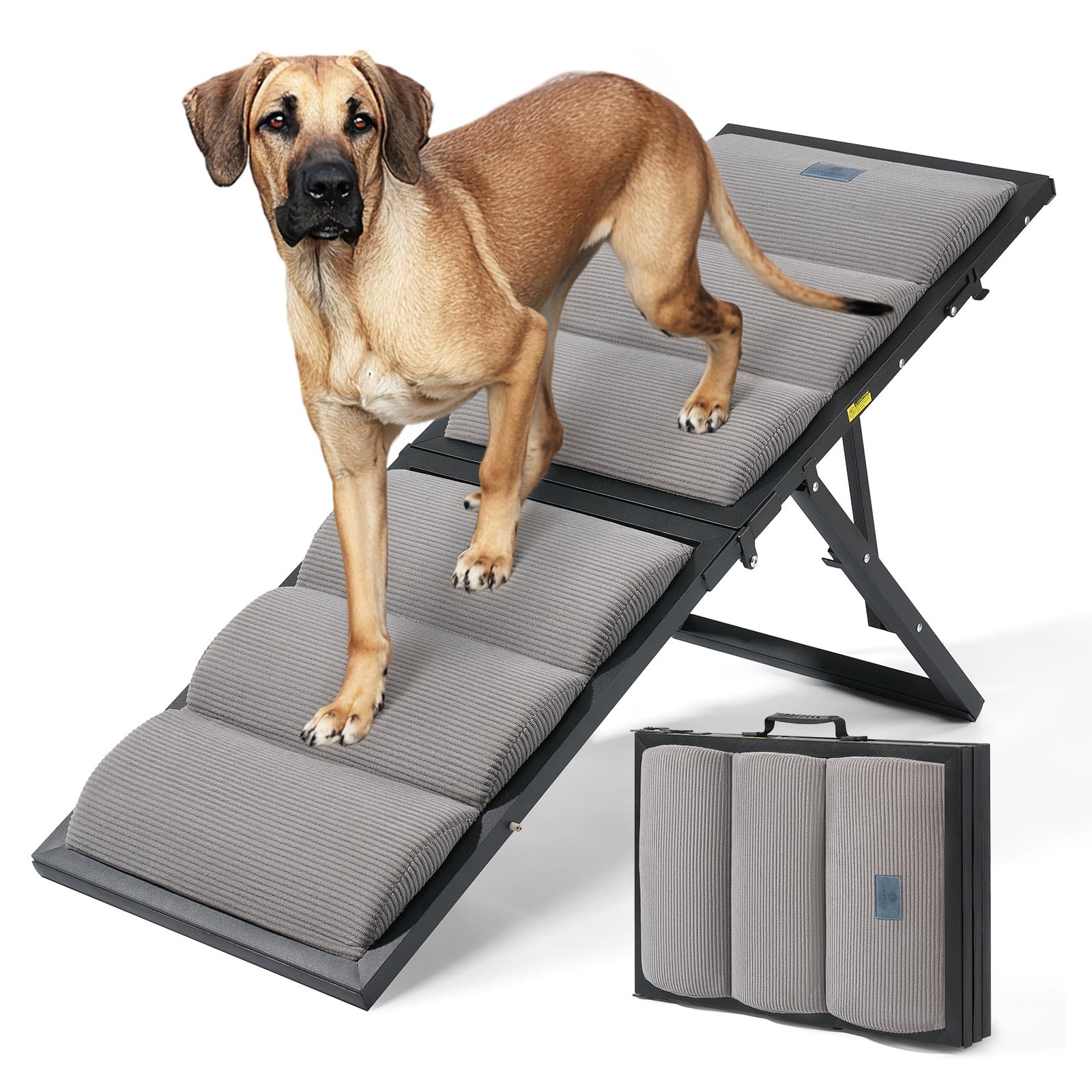 Veehoo dog ramp height settings demonstrate adjustable incline for bed access and comfort