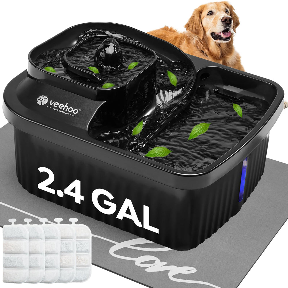 Veehoo dog water fountain with 2.4gal capacity for multi-pet households, reduces refills.