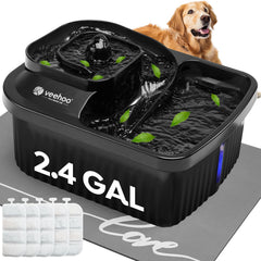 Veehoo dog water fountain with 2.4gal capacity for multi-pet households, reduces refills.