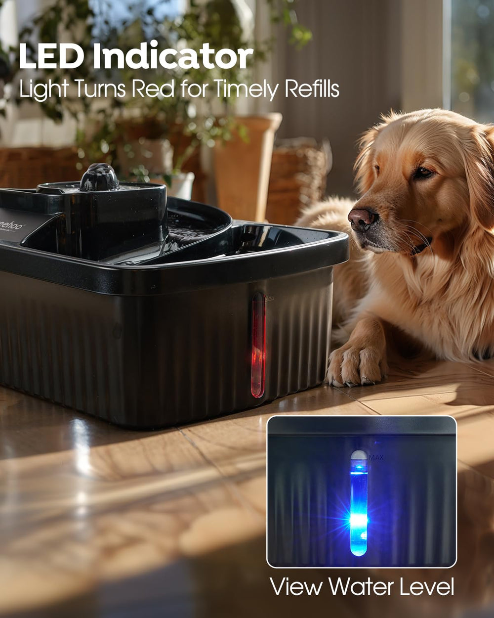 Veehoo dual-outlet design maintains continuous water flow even with pet hair blockages.