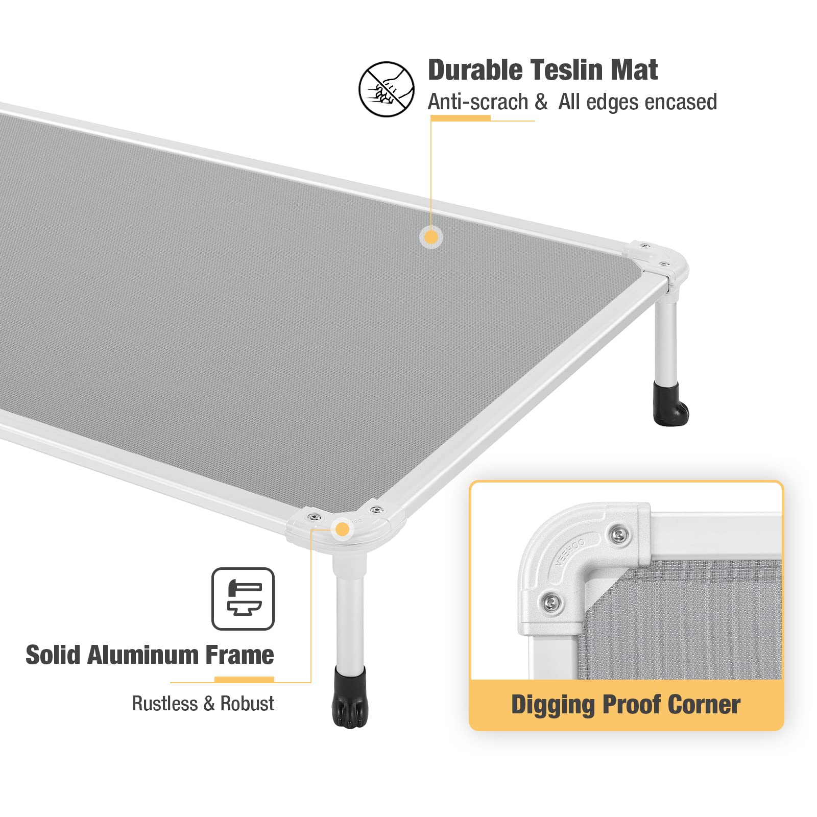 Veehoo elevated bed shows 9 inch ground clearance for drier paws
