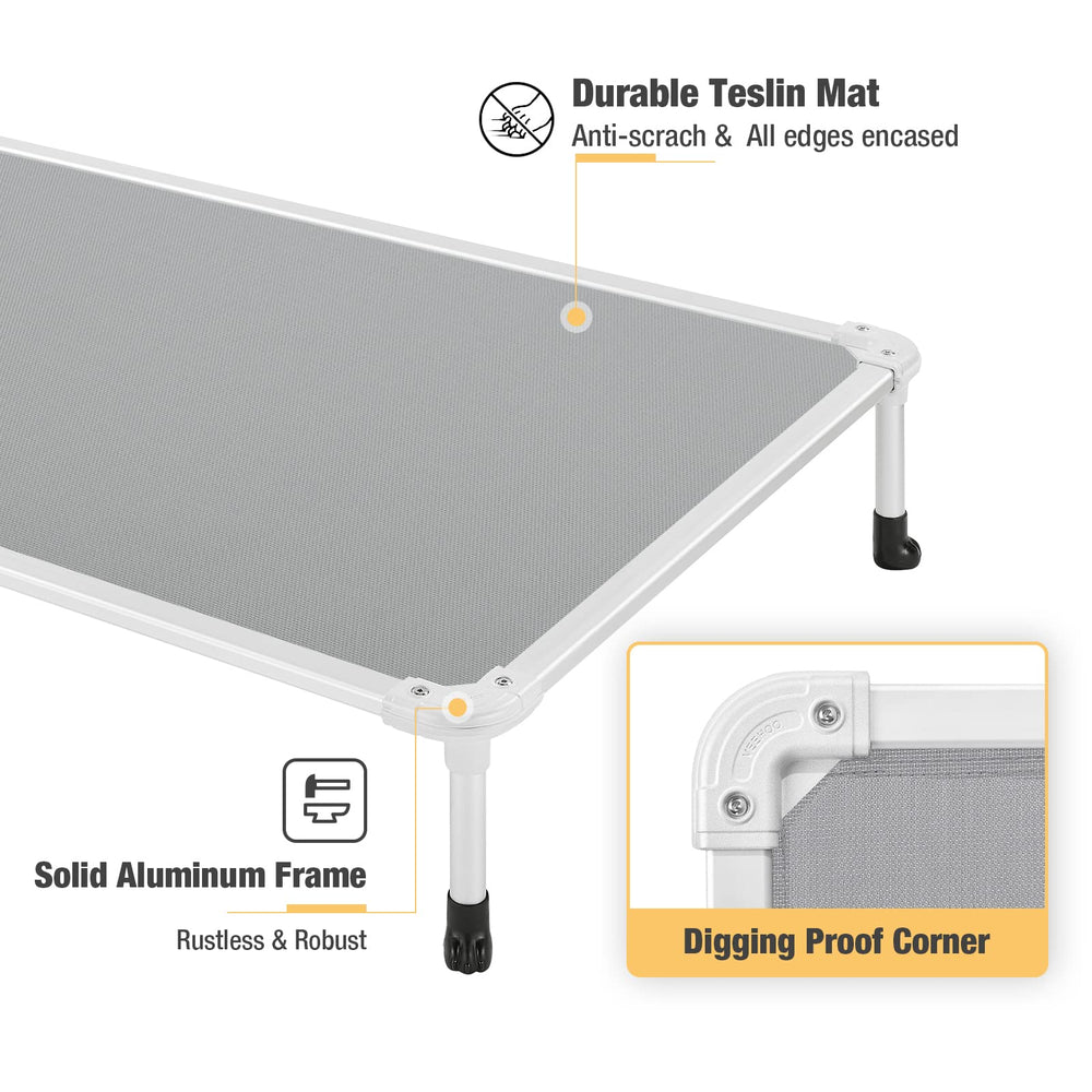 Veehoo elevated bed shows 9 inch ground clearance for drier paws
