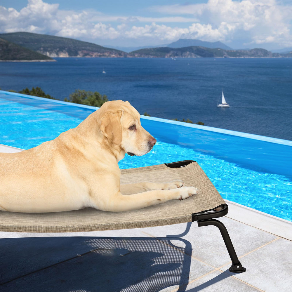 Veehoo elevated bed legs and black frame supporting outdoor use on uneven surfaces.