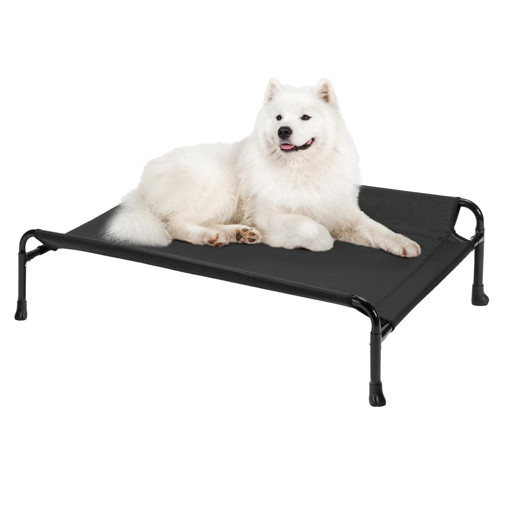 Veehoo elevated dog bed frame shows sturdy construction for stable lounging.