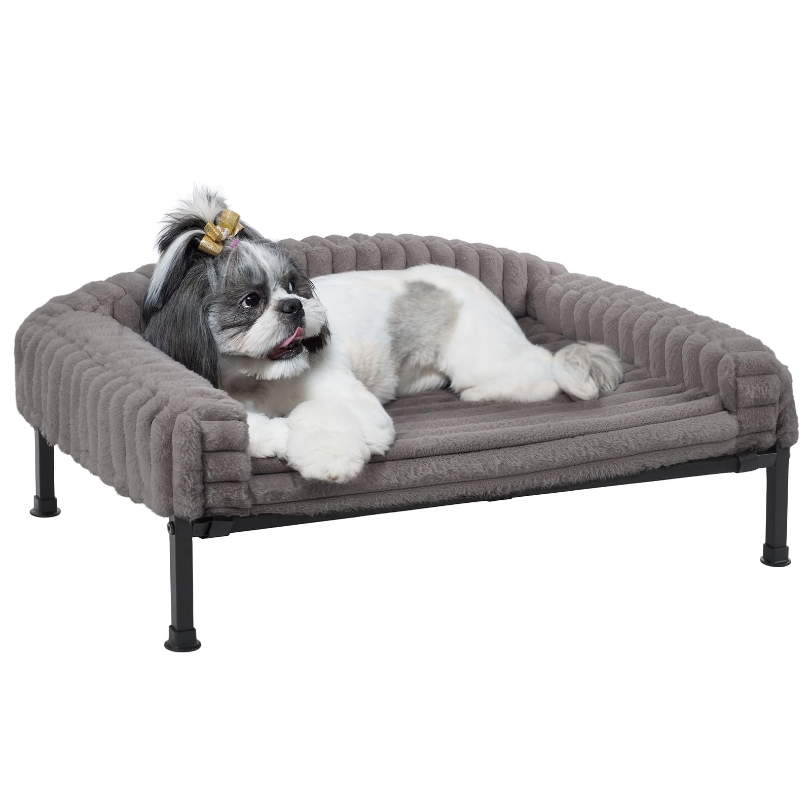 Veehoo elevated dog bed front view shows sturdy frame and cozy bolster for small dogs.