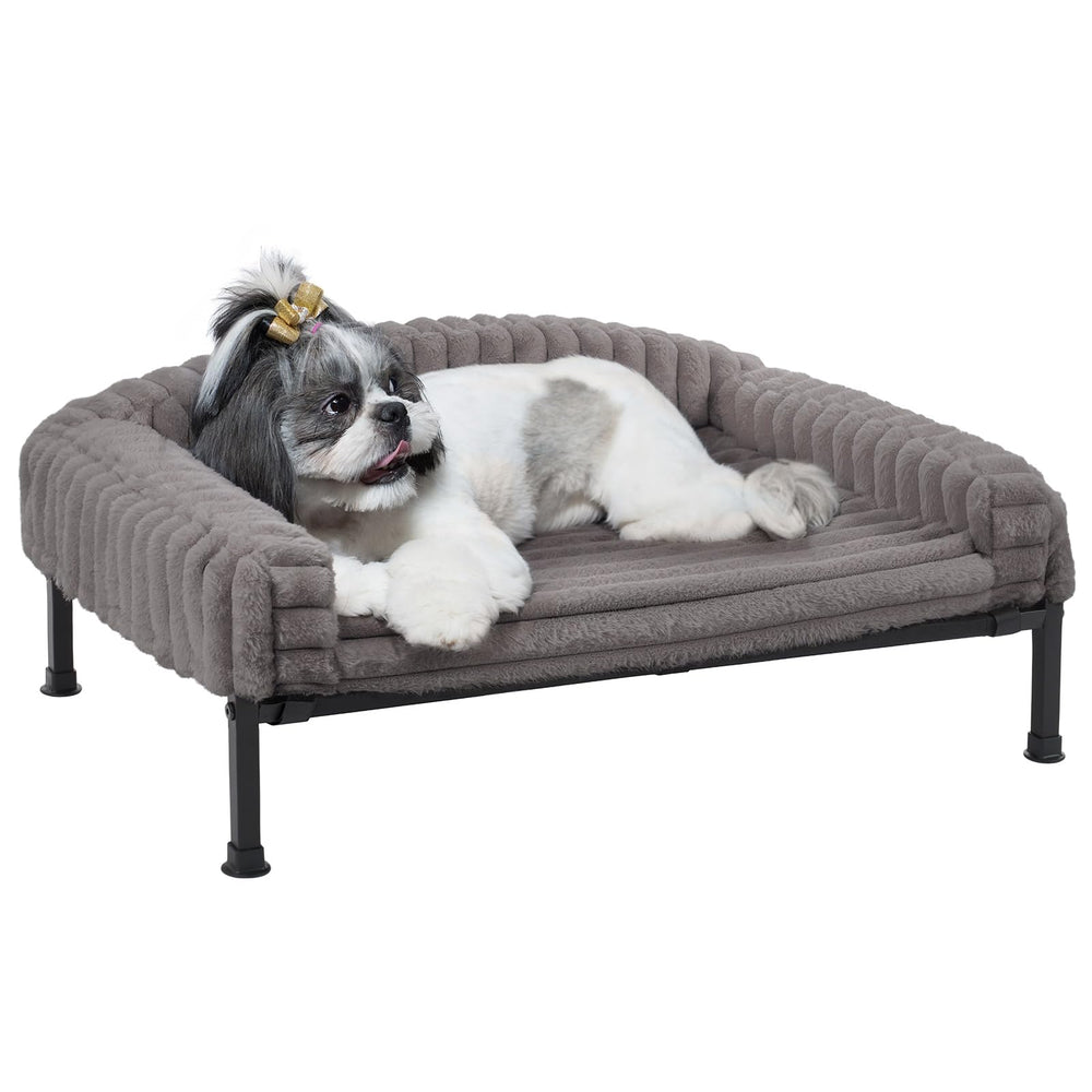 Veehoo elevated dog bed front view shows sturdy frame and cozy bolster for small dogs.