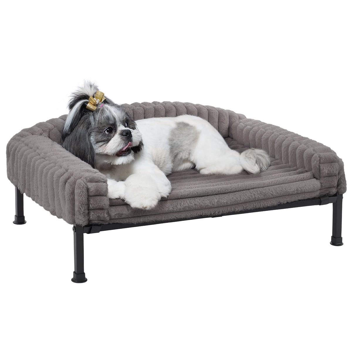 Veehoo elevated dog bed front view shows sturdy frame and cozy bolster for small dogs.