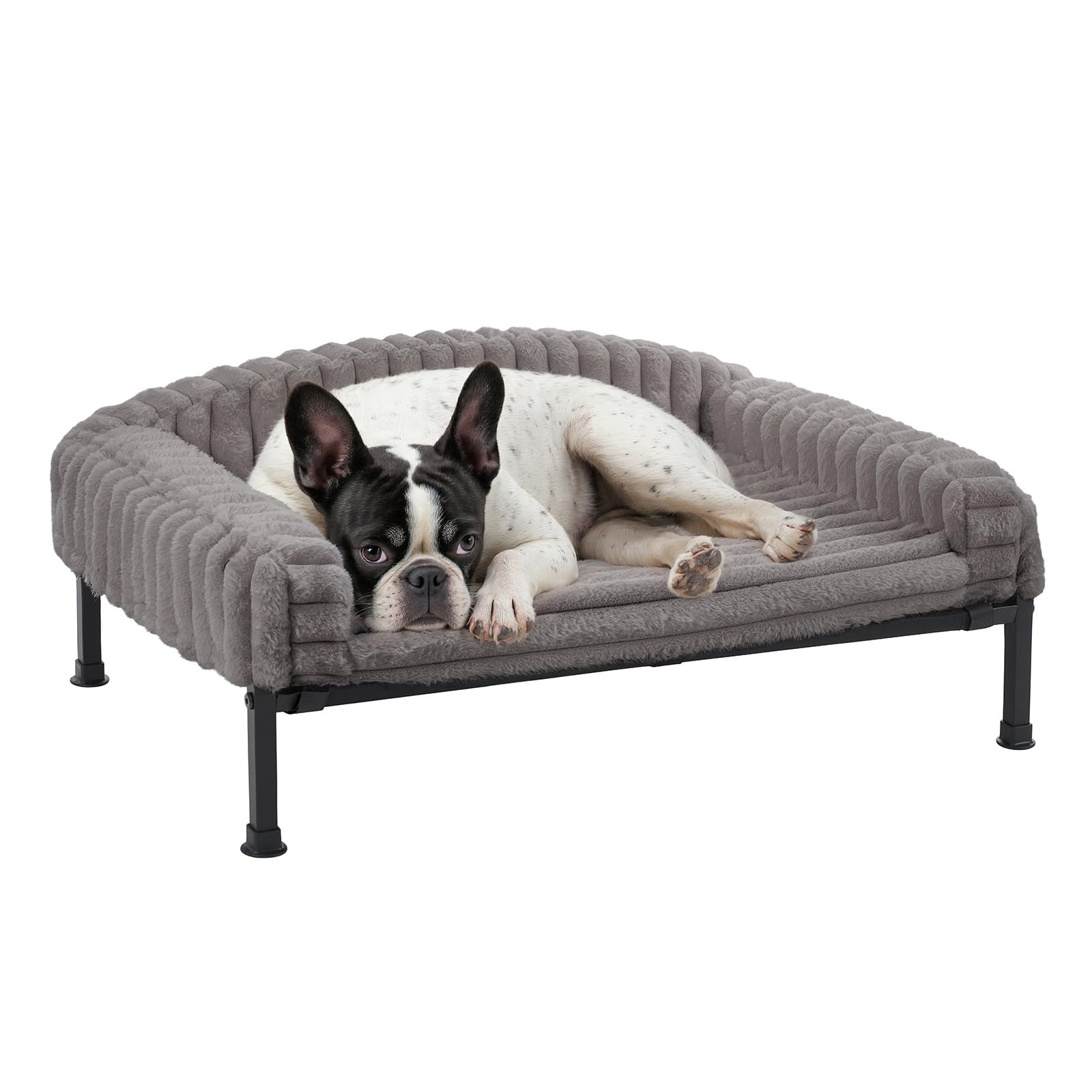 Veehoo elevated dog bed gray front view highlights supportive bolster for comfort