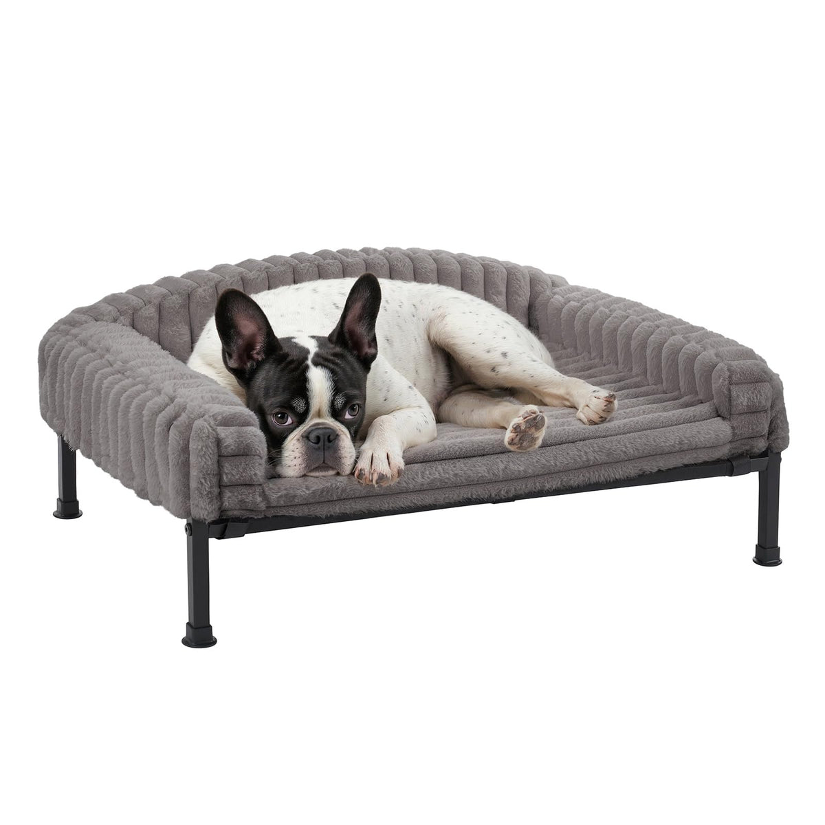 Veehoo elevated dog bed gray front view highlights supportive bolster for comfort