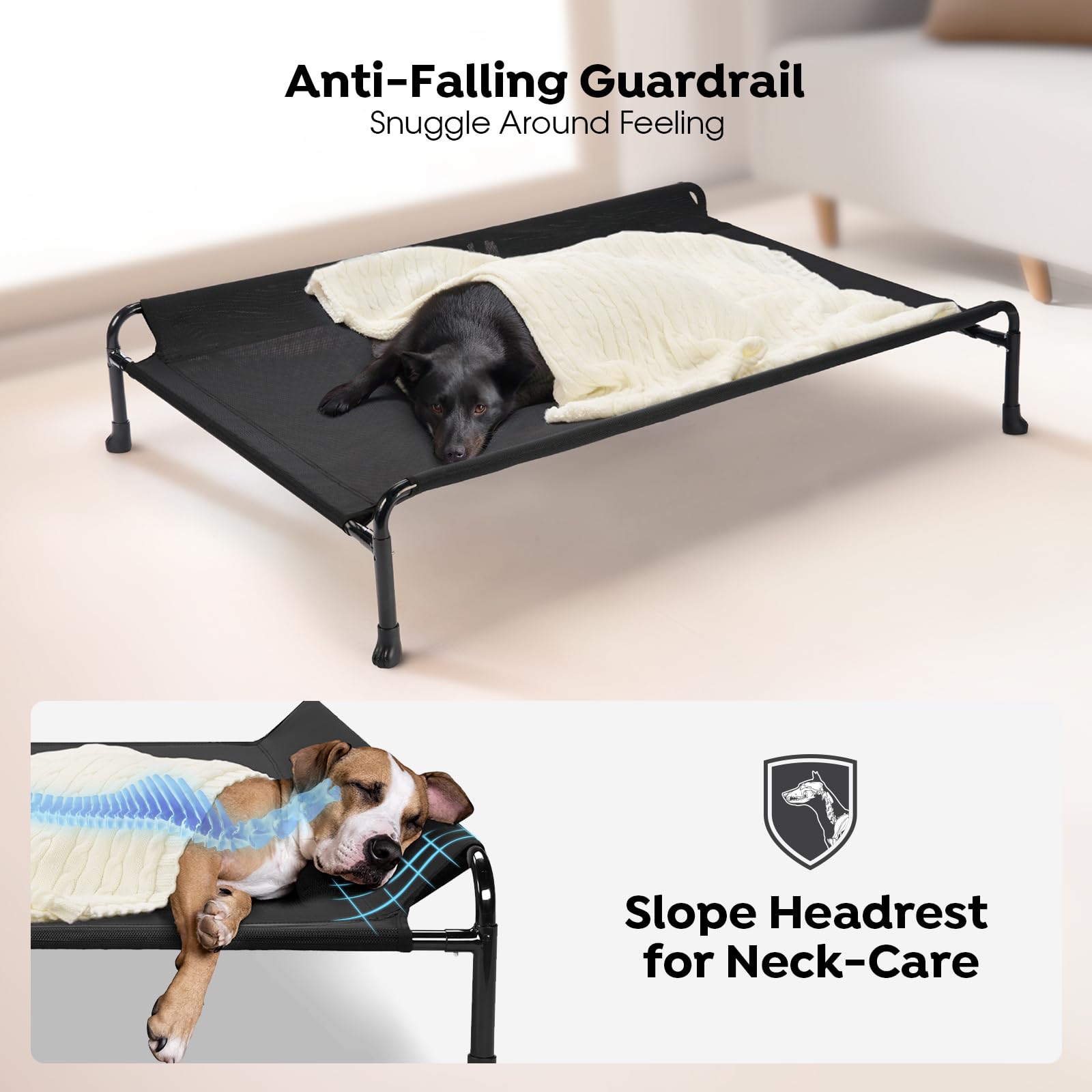 Veehoo elevated dog bed guardrail prevents rolling off for safety.