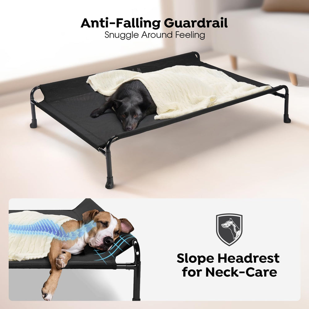 Veehoo elevated dog bed guardrail prevents rolling off for safety.