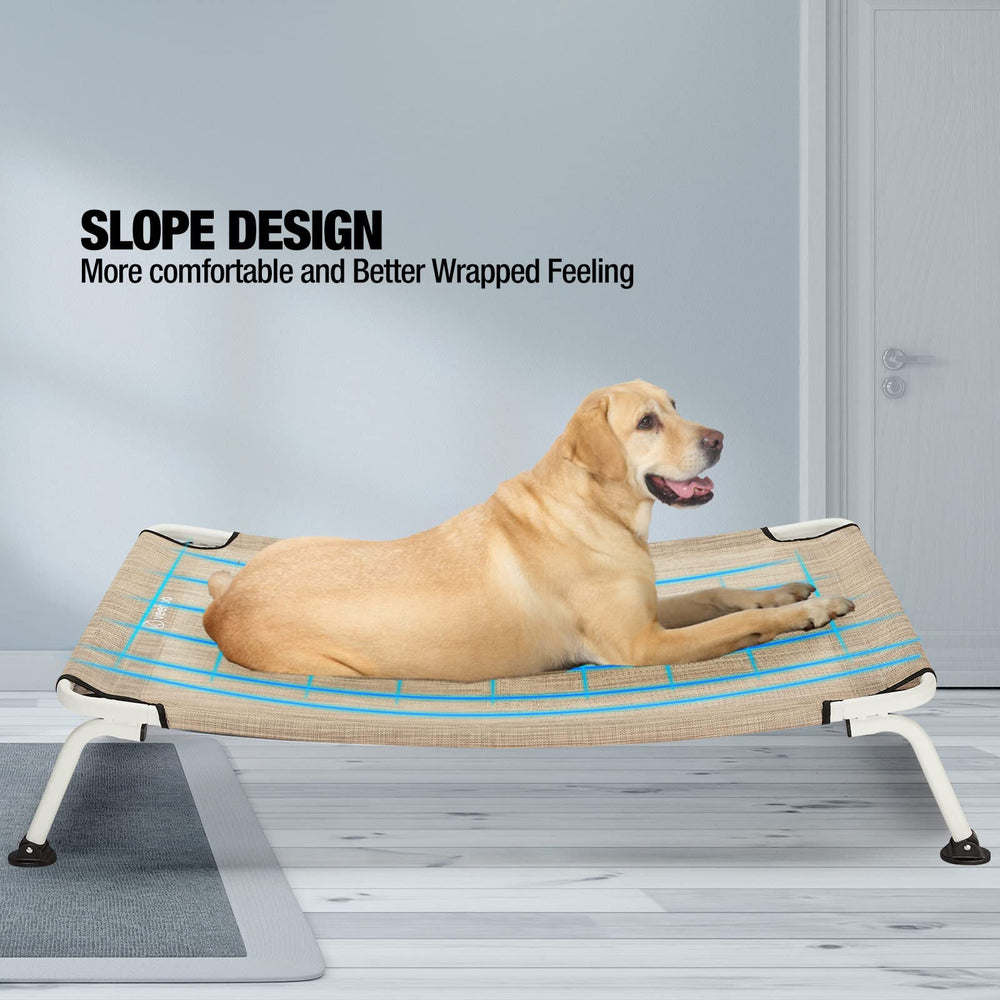 Veehoo elevated dog bed side-angle view highlighting curvature and support