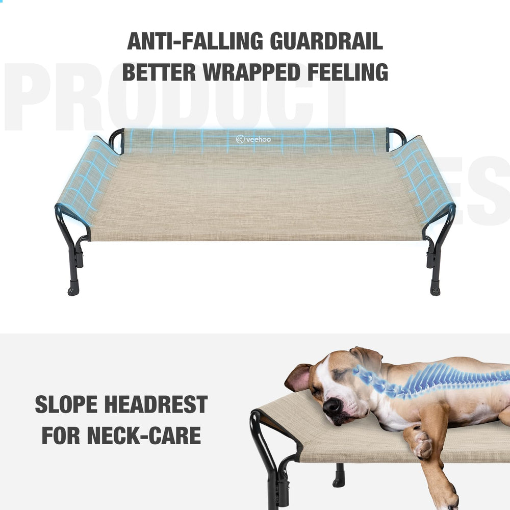 Veehoo guardrail feature keeps pets safe from falls while resting on the elevated frame.