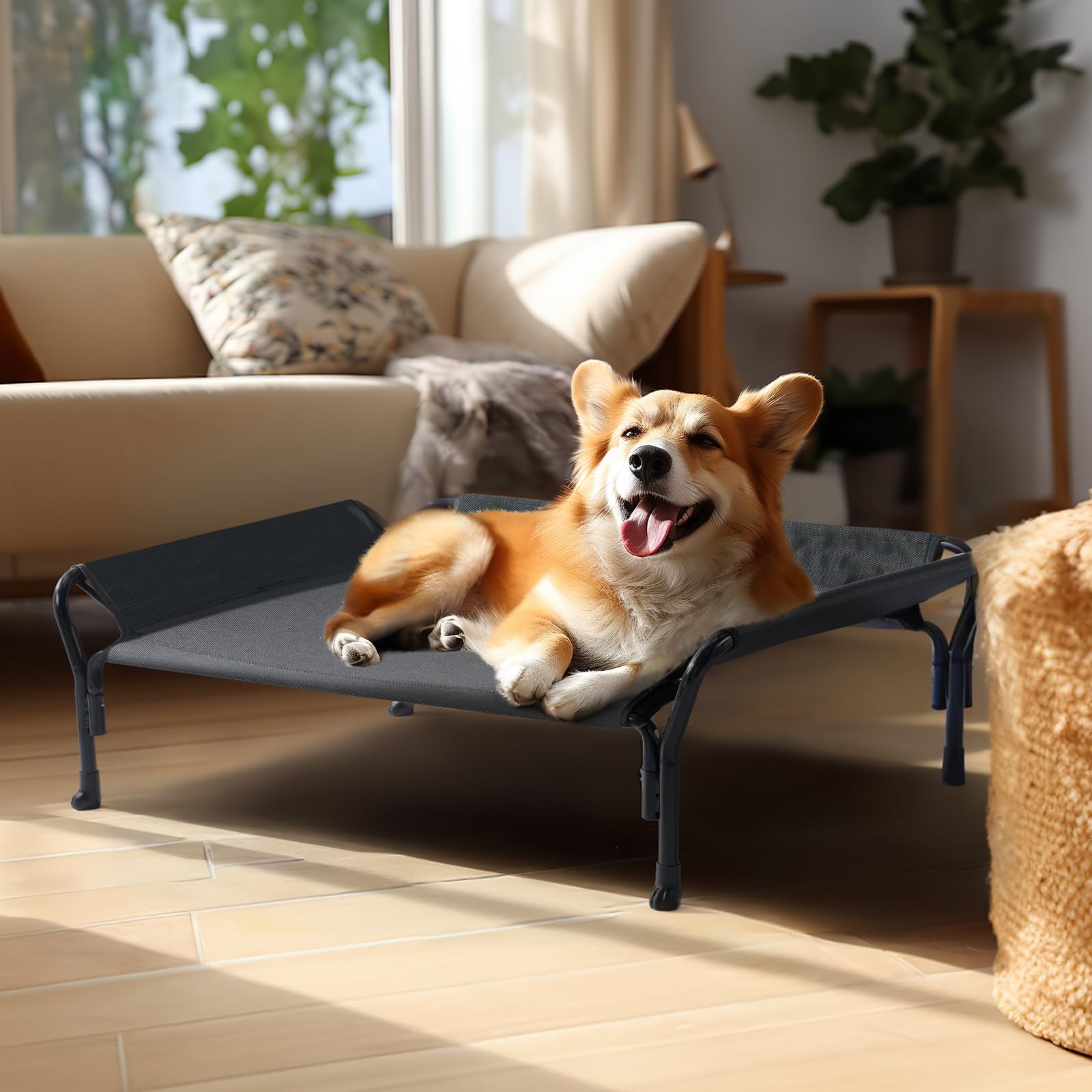 Veehoo indoor-outdoor dog bed is portable for travel or yard.