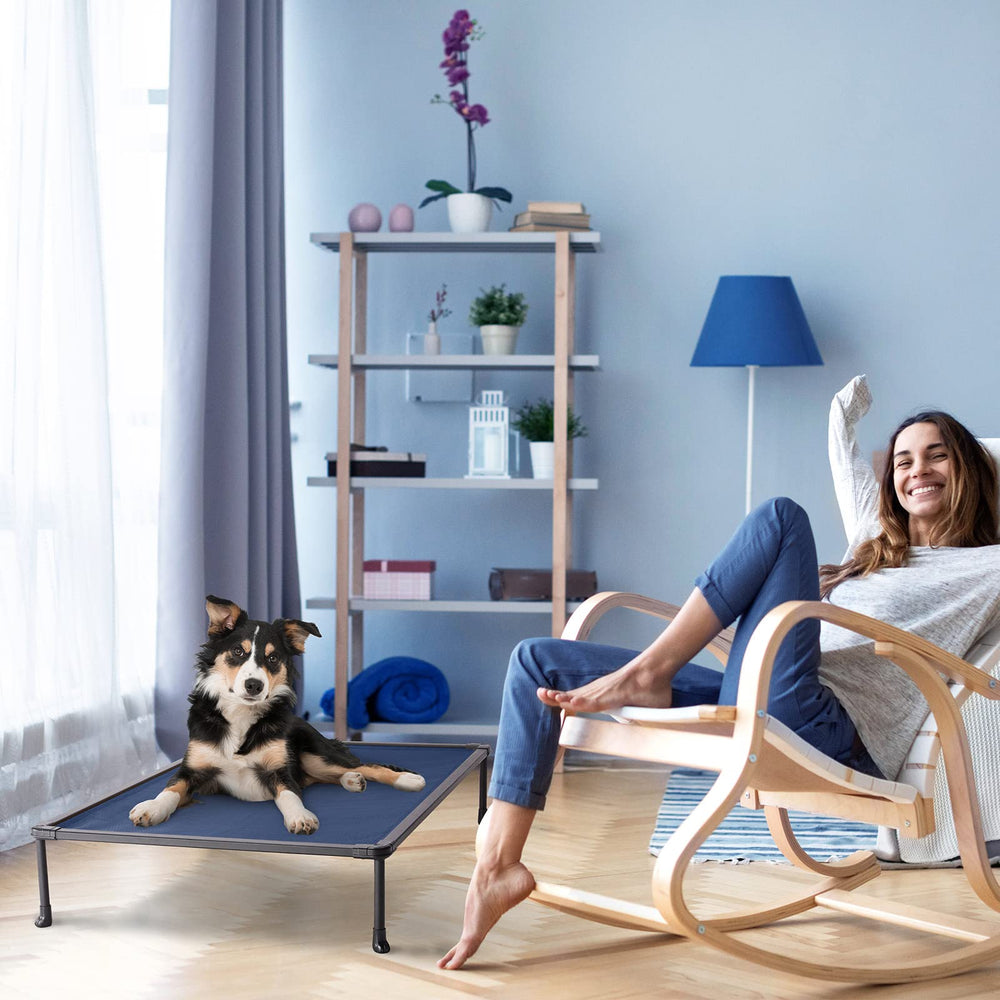 Veehoo indoors/outdoors dog cot suits homes, parks, and camping trips.