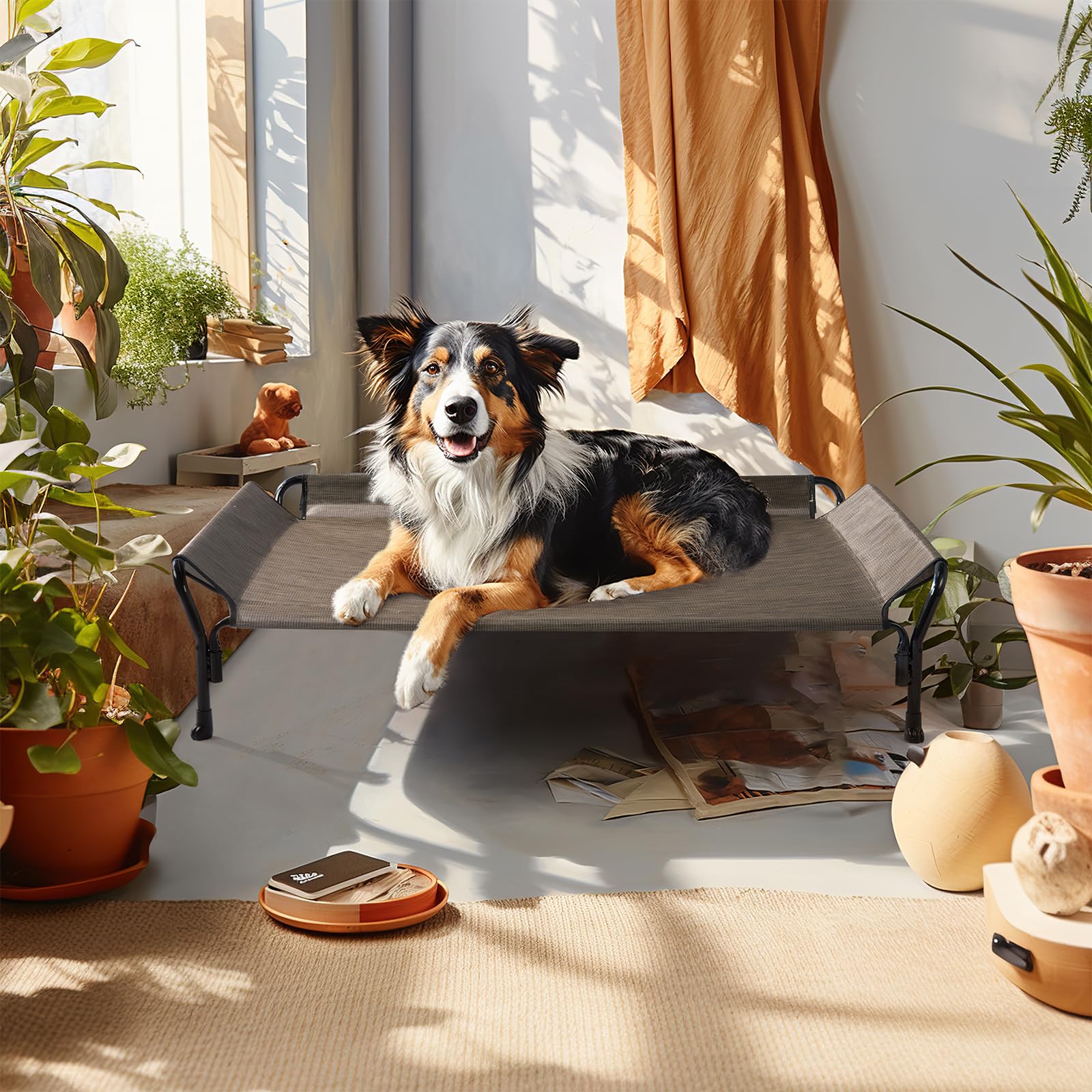 Veehoo large dog bed in indoor/outdoor use shows versatile placement.