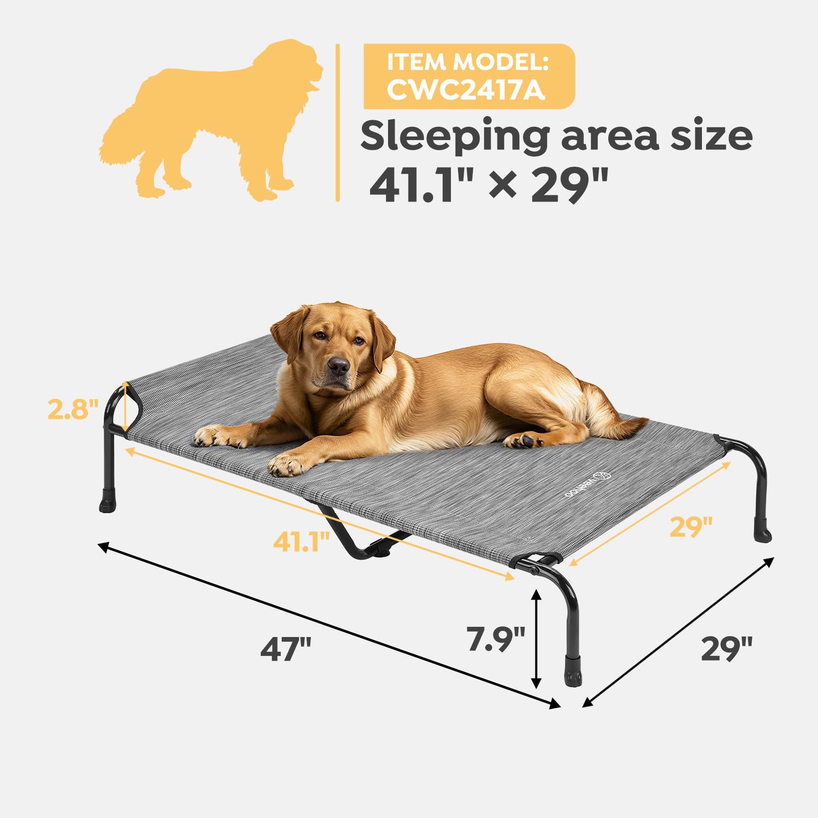 Veehoo Original elevated cot in living room for senior dogs.