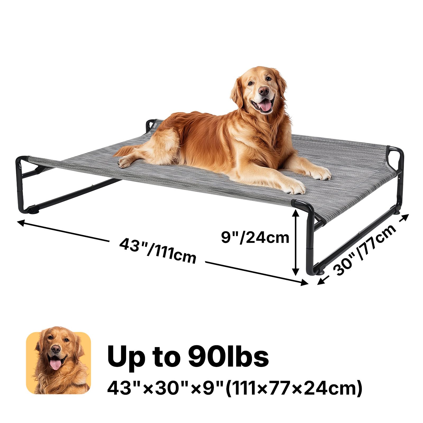 Veehoo Original Bed outdoors with dog on it shows portable stand and shade-friendly design.