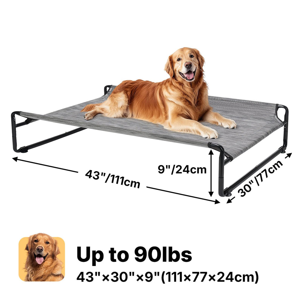 Veehoo Original Bed outdoors with dog on it shows portable stand and shade-friendly design.