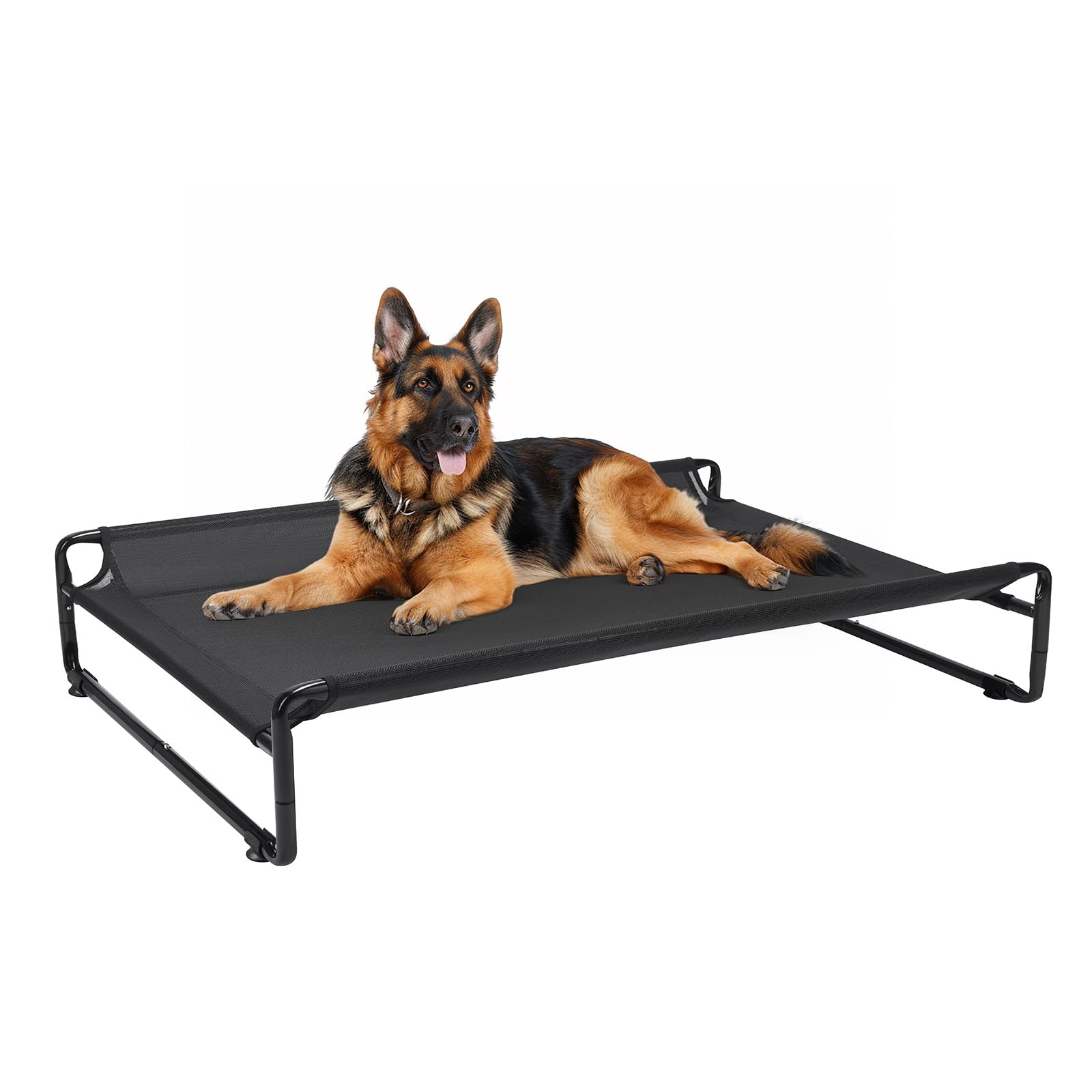Veehoo Original Outdoor Elevated Dog Bed full setup on patio for cooling comfort.