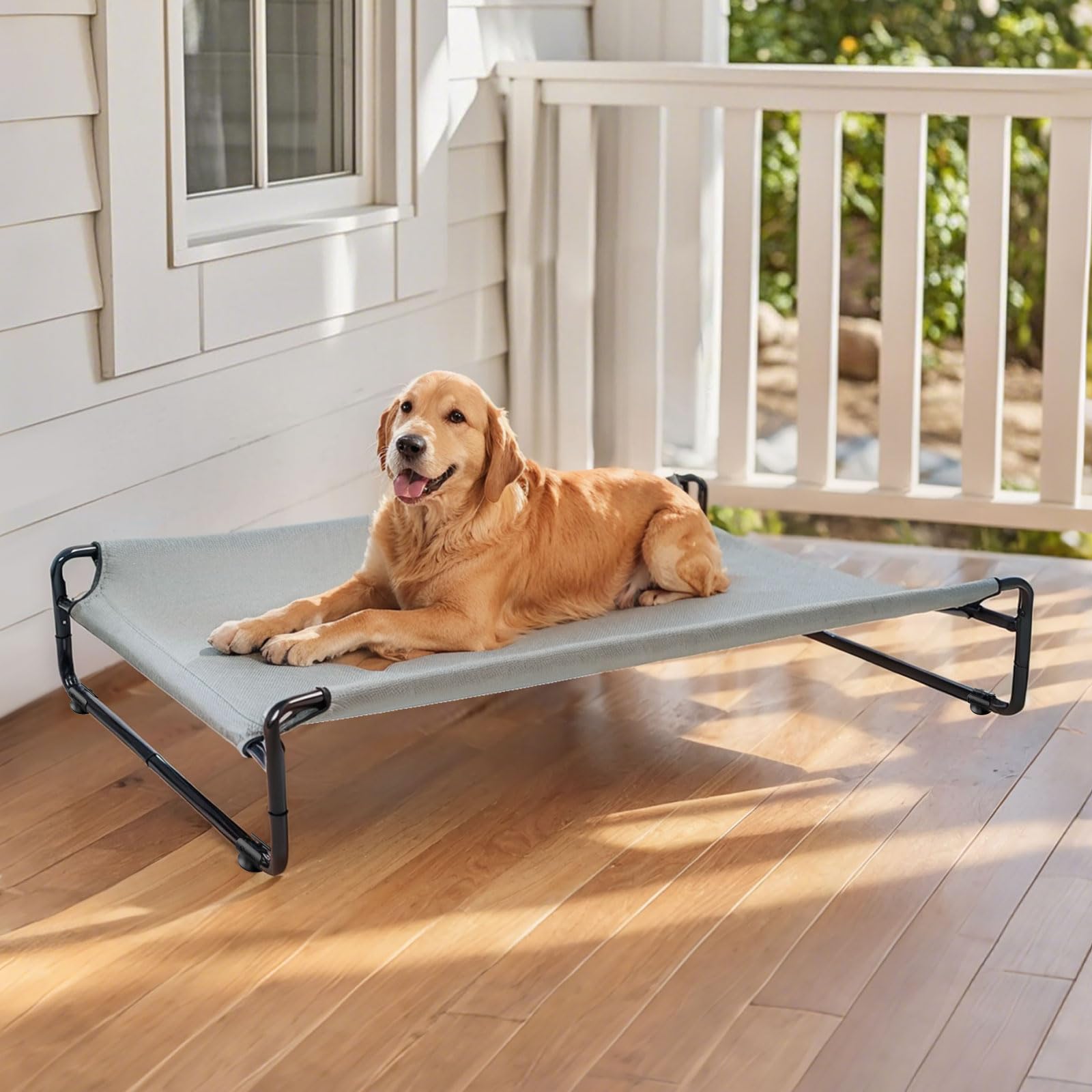 Veehoo original outdoor elevated dog bed size footprint shows 111x77 cm footprint.