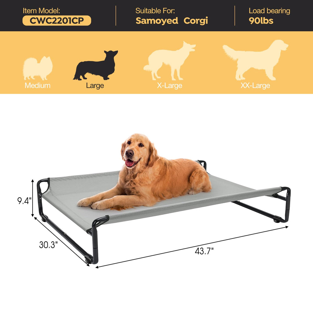Veehoo original outdoor elevated dog bed snap-on assembly demonstrates tool-free setup.