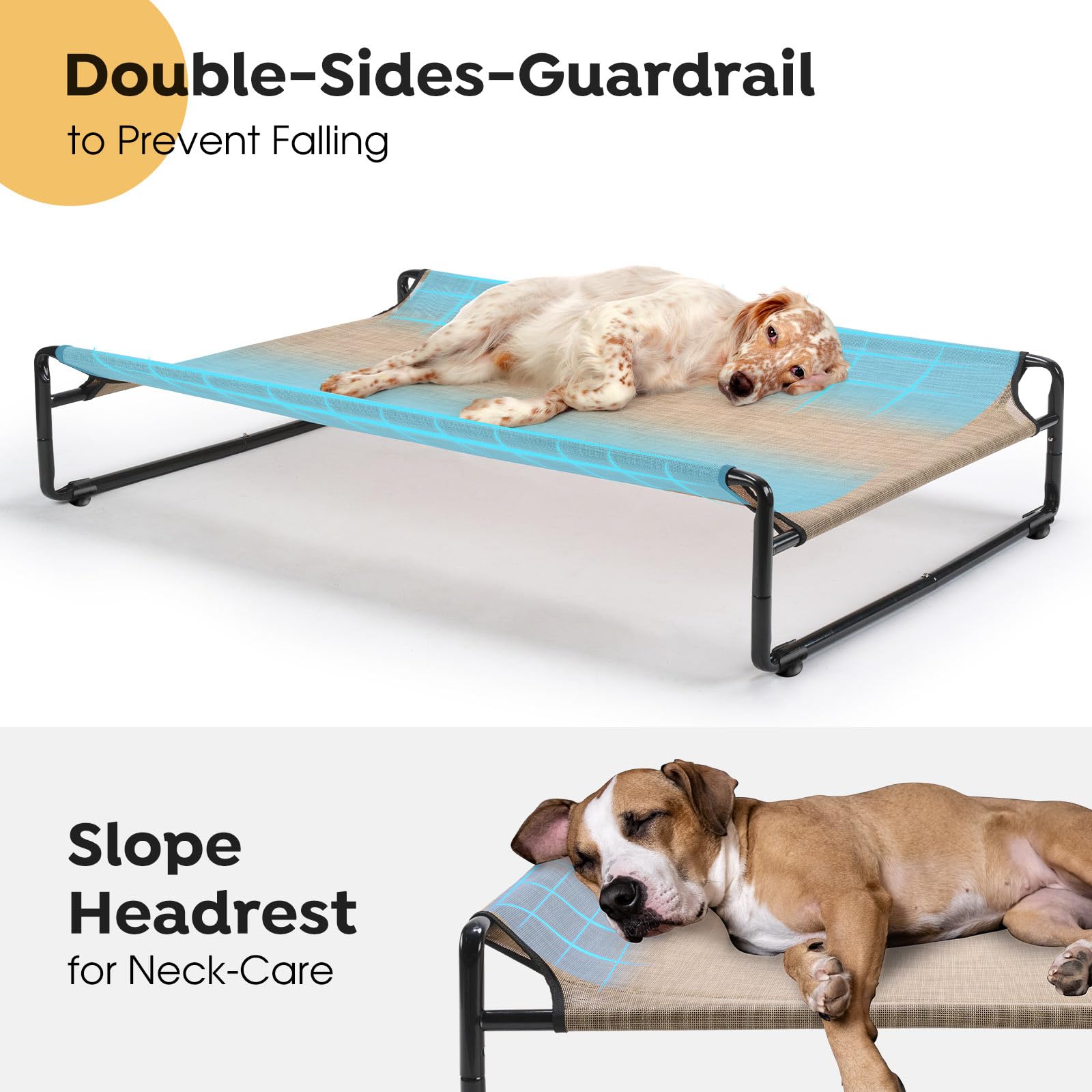 Veehoo Original Textilene-mesh bed; breathable mesh keeps pets cool outdoors.