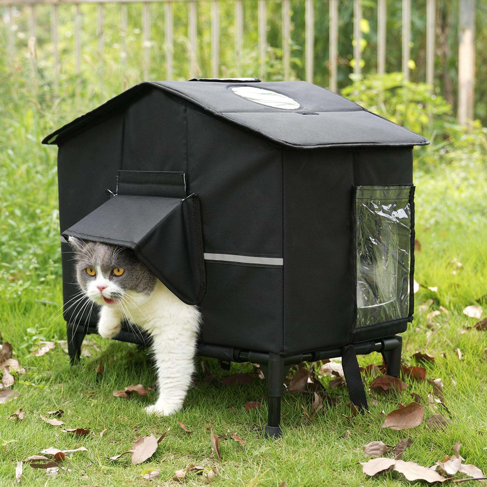 Veehoo Outdoor Cat House elevated bed keeps feral cats dry and warm.