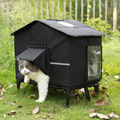 Veehoo Outdoor Cat House elevated bed keeps feral cats dry and warm.