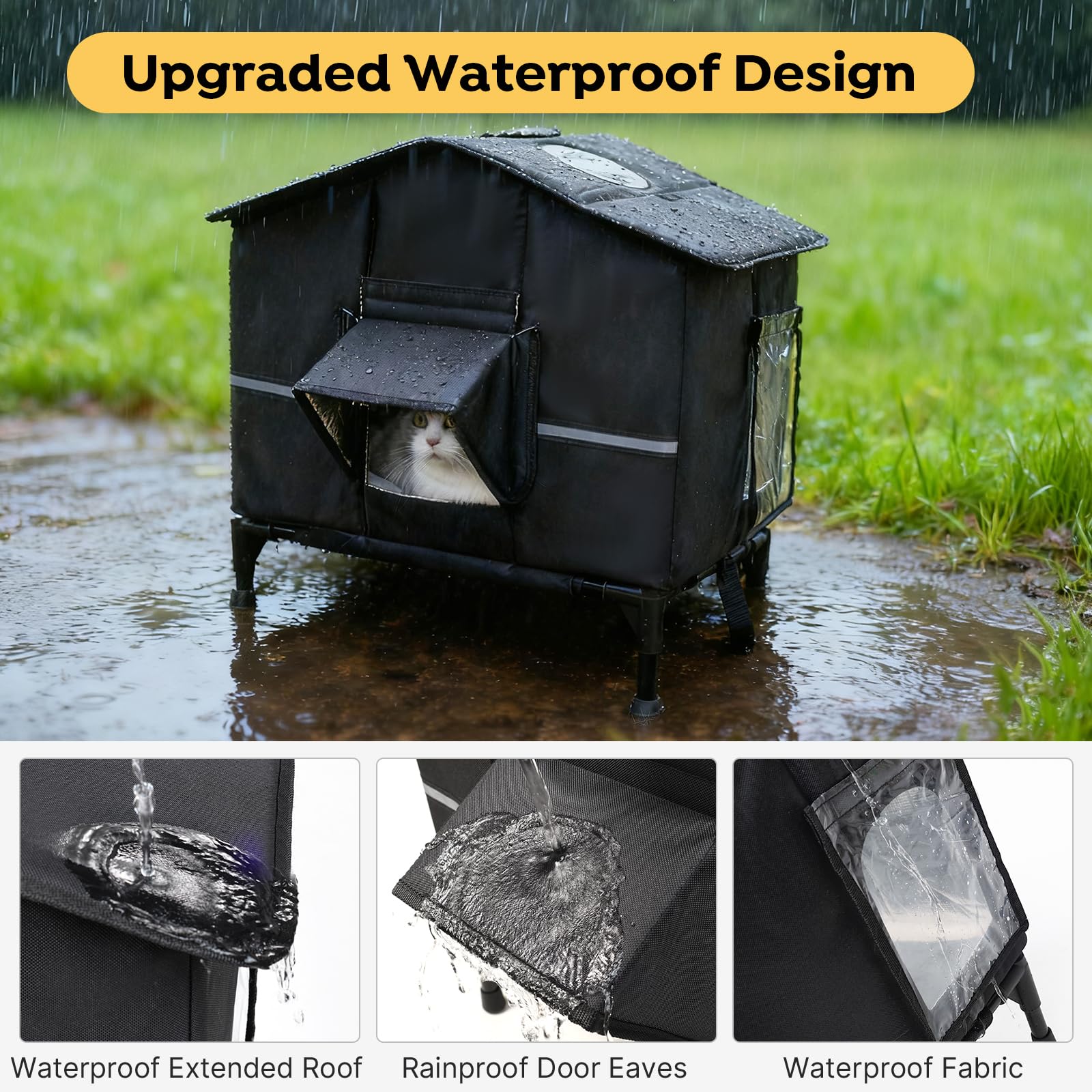 Veehoo Waterproof roof with eaves keeps rain out for dry shelter.